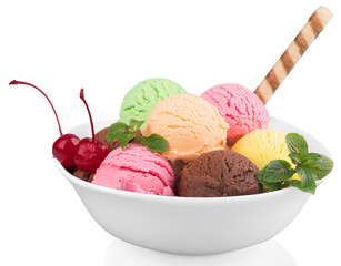 Ice cream scoops in bowl with wafer on white background