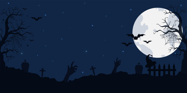Spooky Halloween background. Creepy hand, bat, tombstone, grave, cross.Bats on the background of the full moon.Starry sky.Halloween design.Vector illustration
