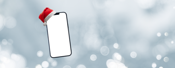 mobile phone with a Christmas hat on a blue background - transparent PNG - easy modification
