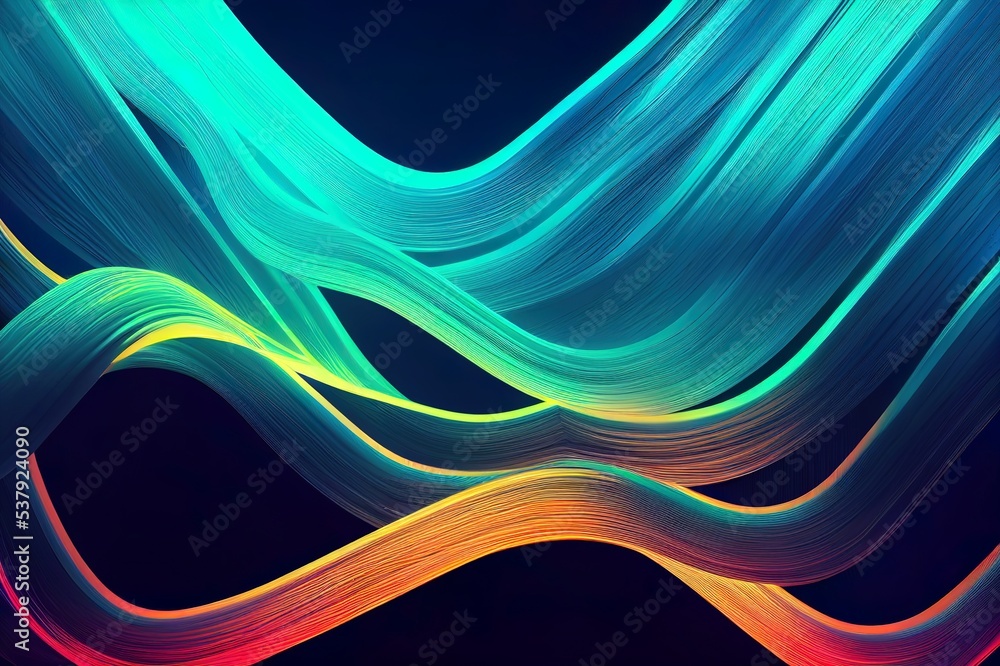 Poster 3d render, abstract minimal neon background with glowing wavy line. dark wall illuminated with led l