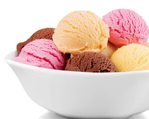 Ice cream scoops in bowl on white background