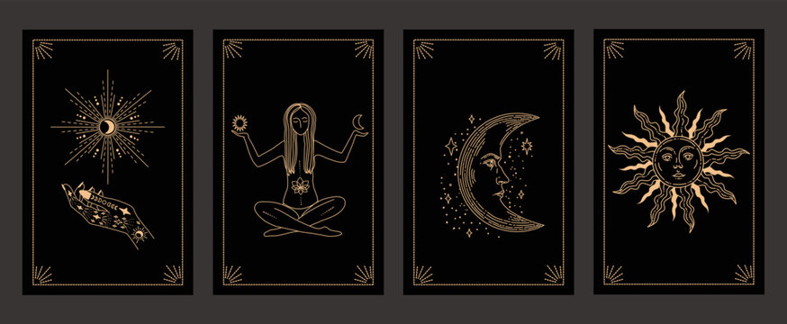 Collection of magical illustrations. Tarot cards. Set of linear vector illustrations. Hand drawn celestial illustrations depicting sun, moon, planet. design elements for decoration in a modern style.
