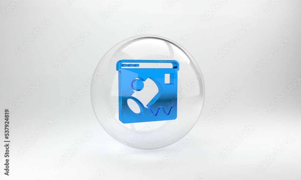 Poster blue data visualisation icon isolated on grey background. glass circle button. 3d render illustratio