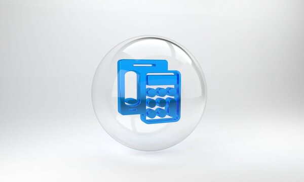 Blue Calculator icon isolated on grey background. Accounting symbol. Business calculations mathematics education and finance. Glass circle button. 3D render illustration