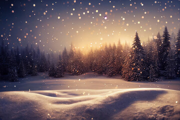 Winterlicher Wald mit glitzerndem Schnee der vom Himmel fällt - obrazy, fototapety, plakaty