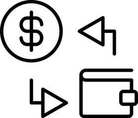 Simple vector isolated pictogram drawn with black thin line. Editable stroke for web sites, adverts, stores, shops. Vector line icon of dollar and wallet exchange