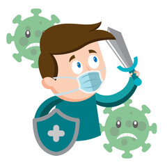 Male character with shield and sword fighting virus Self care Vector