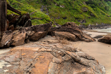 Fototapeta na wymiar Rocks and trees by the beach in a beautiful sunny day. Atlantic Forest in Brazil
