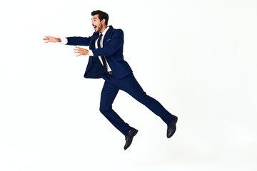 Man business smile with teeth in costume running and jumping flying up open mouth happiness and surprise full-length on white isolated background copy space 