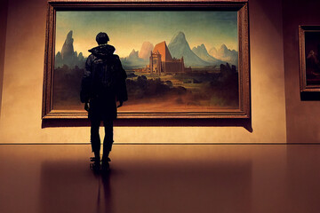 man in museum looking at a painting - obrazy, fototapety, plakaty