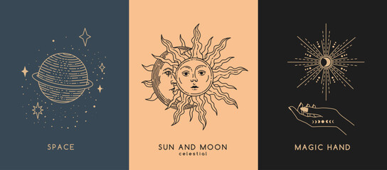 Set of linear vector illustrations. Hand drawn celestial illustrations depicting sun, moon, planet. design elements for decoration in a modern style. magical drawings. mystical cards