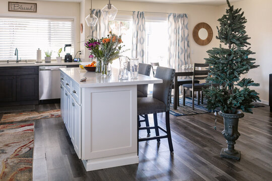 Kitchen diner interior design by Christmas tree