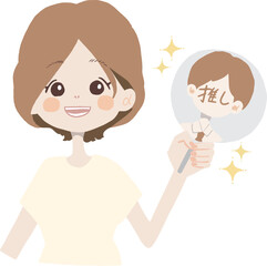 ライブTシャツを着た女の子が笑顔でうちわとペンライトを持ってを楽しんでいる様子のイラスト