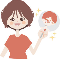 ライブTシャツを着た女の子が笑顔でうちわとペンライトを持ってを楽しんでいる様子のイラスト