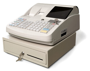 Cash register with LCD display on background