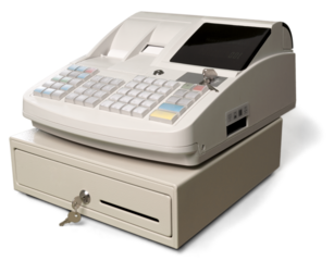 Cash register with LCD display on background