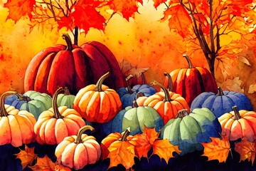 Naklejka na ściany i meble Watercolor fall arrangement. Hand painted orange, white blue pumpkins, plaid pillows. apples, fall leaves. Harvest themed design. Autumn illustration.