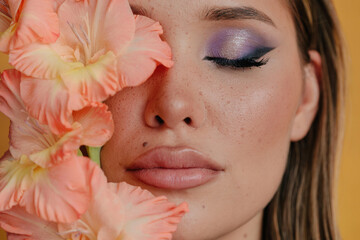Closeup beauty portrait with closed eyes abd peachy flowers