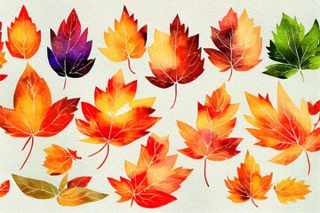 Fototapeta na wymiar Watercolor fall clipart Decorative rustic paint sketch Seasonal leaves november green background festive colorful leaves forest happy thanksgiving orange yellow brown autumn illustrations