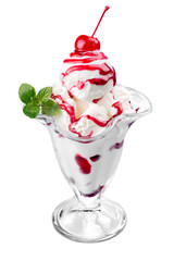 Berry ice cream in glass bowl on white background