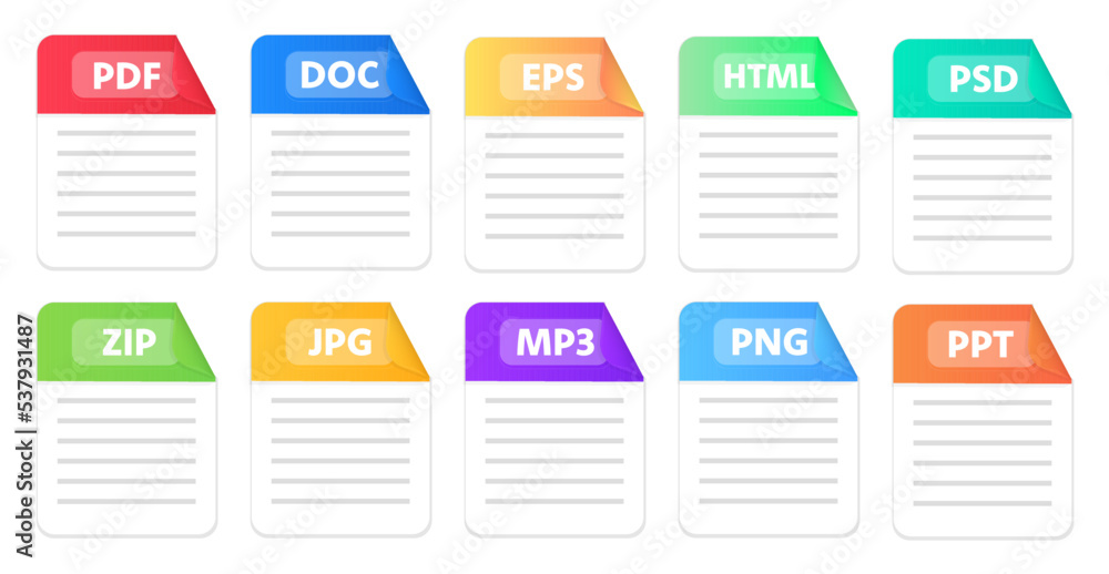 Poster Text file extensions. Flat colored vector icons