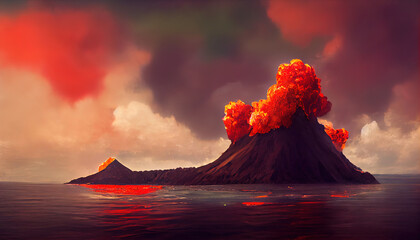 Massive Volcano Eruption. A large volcano erupting hot lava and gases into the atmosphere. 3D Illustration. - obrazy, fototapety, plakaty