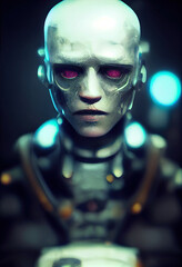 Robot cyborg male close-up, illuminated by light. Sci-fi artificial intelligence background. 3D illustration