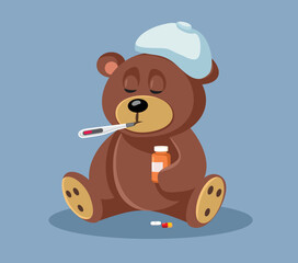 Sick Teddy Bear Suffering from Influenza Vector Cartoon Illustration. Pediatric medicine concept image of a toy suffering from flu symptoms
