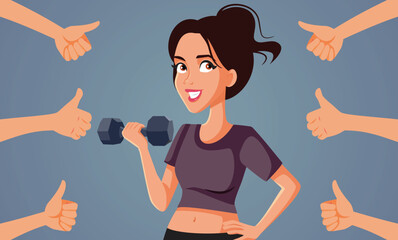 Fitness Sportive Woman Receiving Appreciation Vector Cartoon illustration. Happy confident fitness influencer receiving phrasing and validation 
