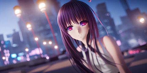 Fototapeta na wymiar anime girl in cyberpunk city