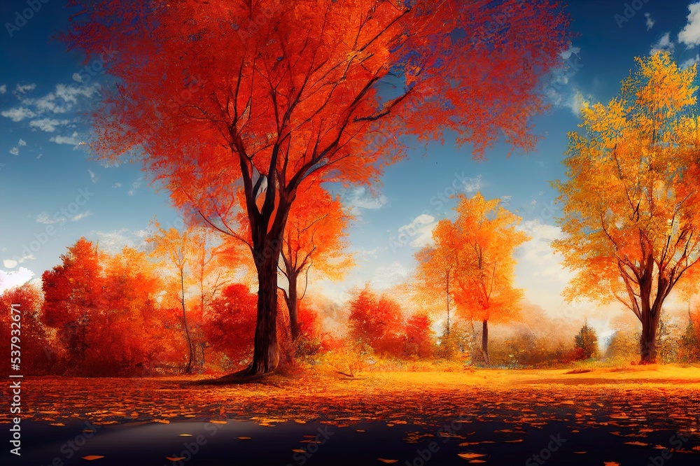 Poster abstract autumn landscape scene with a podium for product display 3d rendering