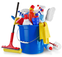 Plastic bottles, cleaning  gloves and bucket on white background