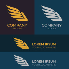 Set abstract gold and silver luxury wing logo on the dark-blue and dark-violet background. Creative idea logos designs. Symbol and Icon vector template. - obrazy, fototapety, plakaty