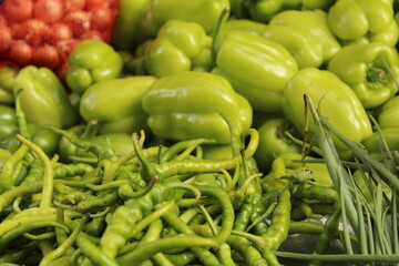 Colored fruits and vegetables at a grocery store. New season foods
