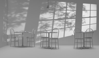 Stark White Empty Cafe with Chairs, Tables and Ceiling Fan with Shadows From Blinds and Trees 3D Illustration