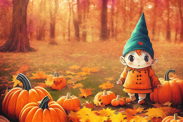 Hand drawn cute gnomes in autumn disguise with pumpkin and maple leaves.