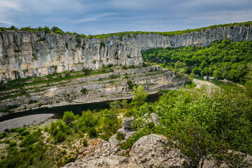 View on the Ardeche river and its canyon near the village of Labeaume in the South of France