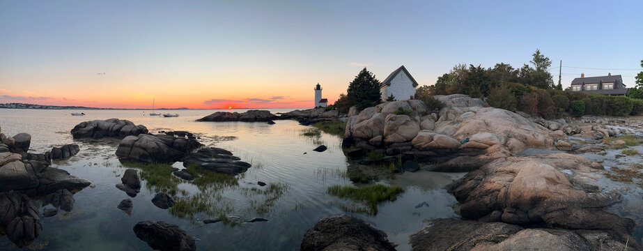 Panoramic landscape travel image New England Lighthouse 
