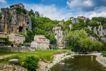 Fototapeta na wymiar View on the medieval village of Labeaume and the Ardeche river canyon in the South of France