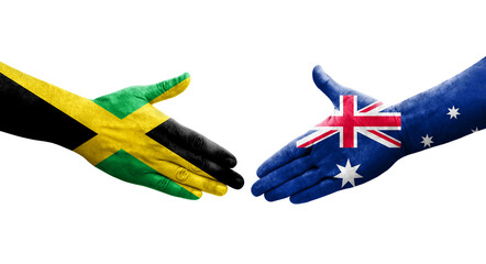Handshake between Australia and Jamaica flags painted on hands, isolated transparent image.