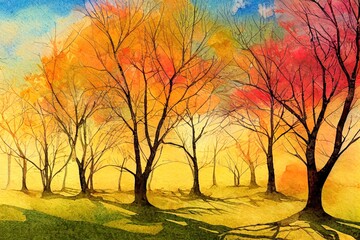 Watercolor autumn landscape for the background Autumn nature clipart illustrations of seasonal environment fall island with trees and bushes Isolated hand painted image of a forest patch of land
