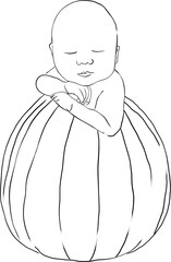 First Halloween newborn pumpkin line art - isolated png baby portrait drawing with cute Halloween costumes, pumpkins for baby shower, postcards, announcements, invitations, birthdays, nursery posters