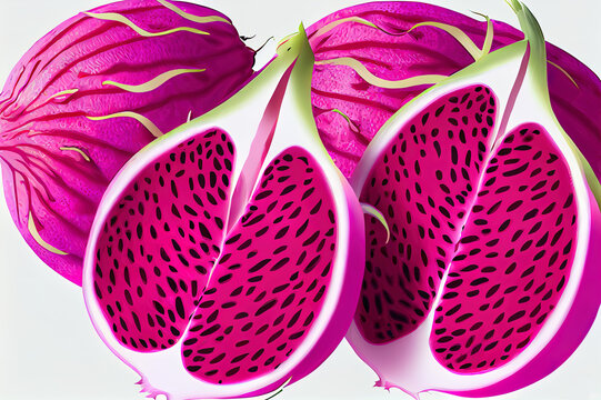 Ripe, pink dragon fruit, whole and cut, juicy illustration. Bright, exotic clipart on a white background.