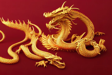Golden Dragon on red background. 3d rendering and illustration.