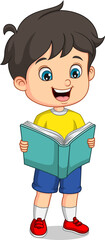 Cartoon little boy stands and reading a book