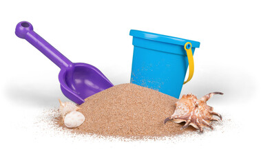 Shot of the beach on a sunny day, with a spade and bucket
