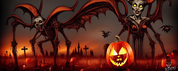 Fototapeta premium evil pumpkins in the cemetery halloween
