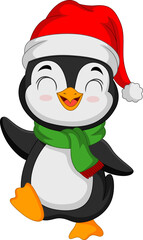 Cute penguin wearing santa hat and scarf