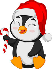 Cute little penguin in santa hat holding candy