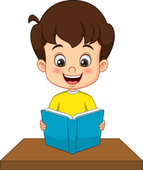 Cartoon little boy reading a book on the desk